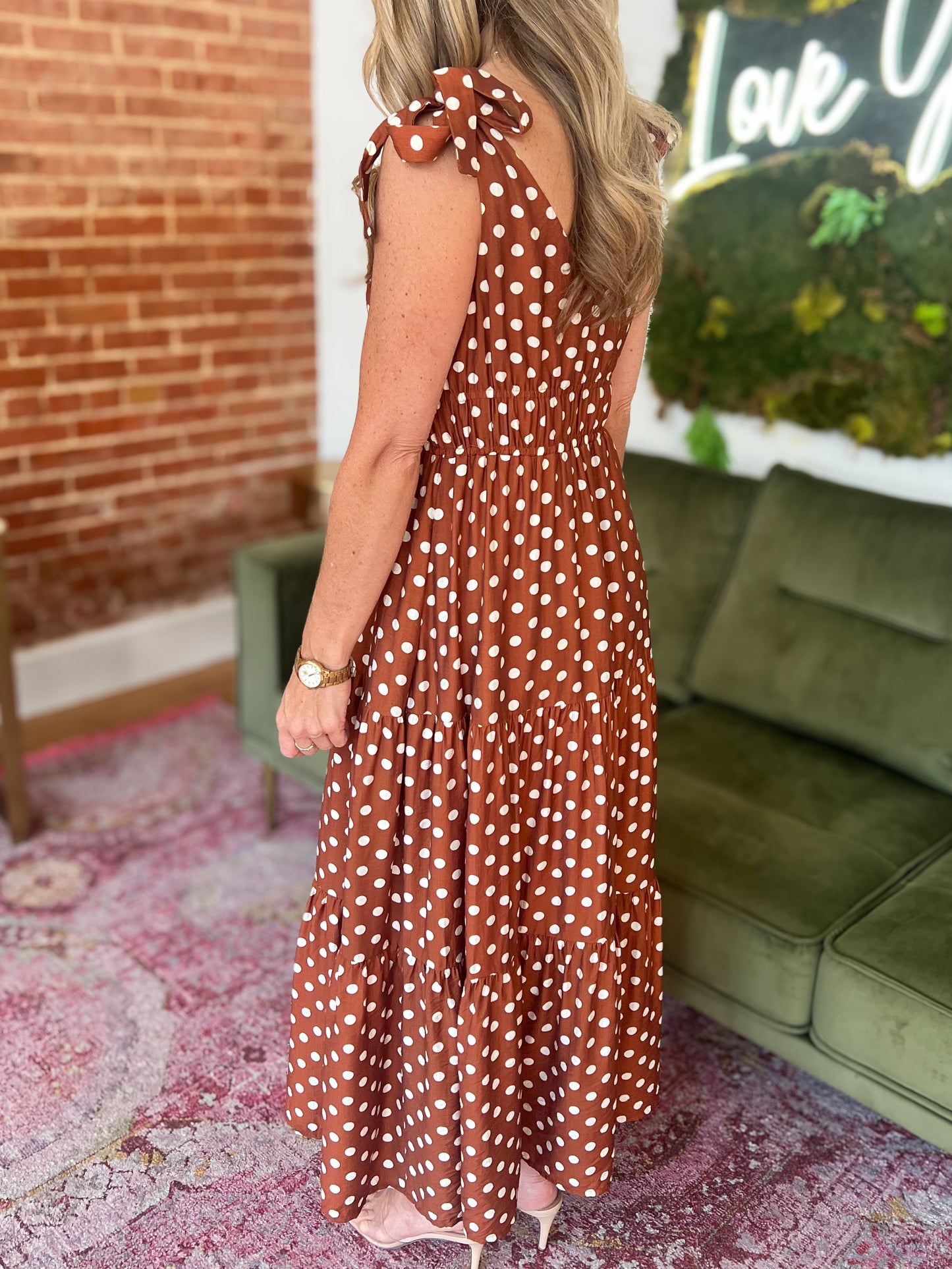 Brown Polka Dot Tie Strap Maxi Dress