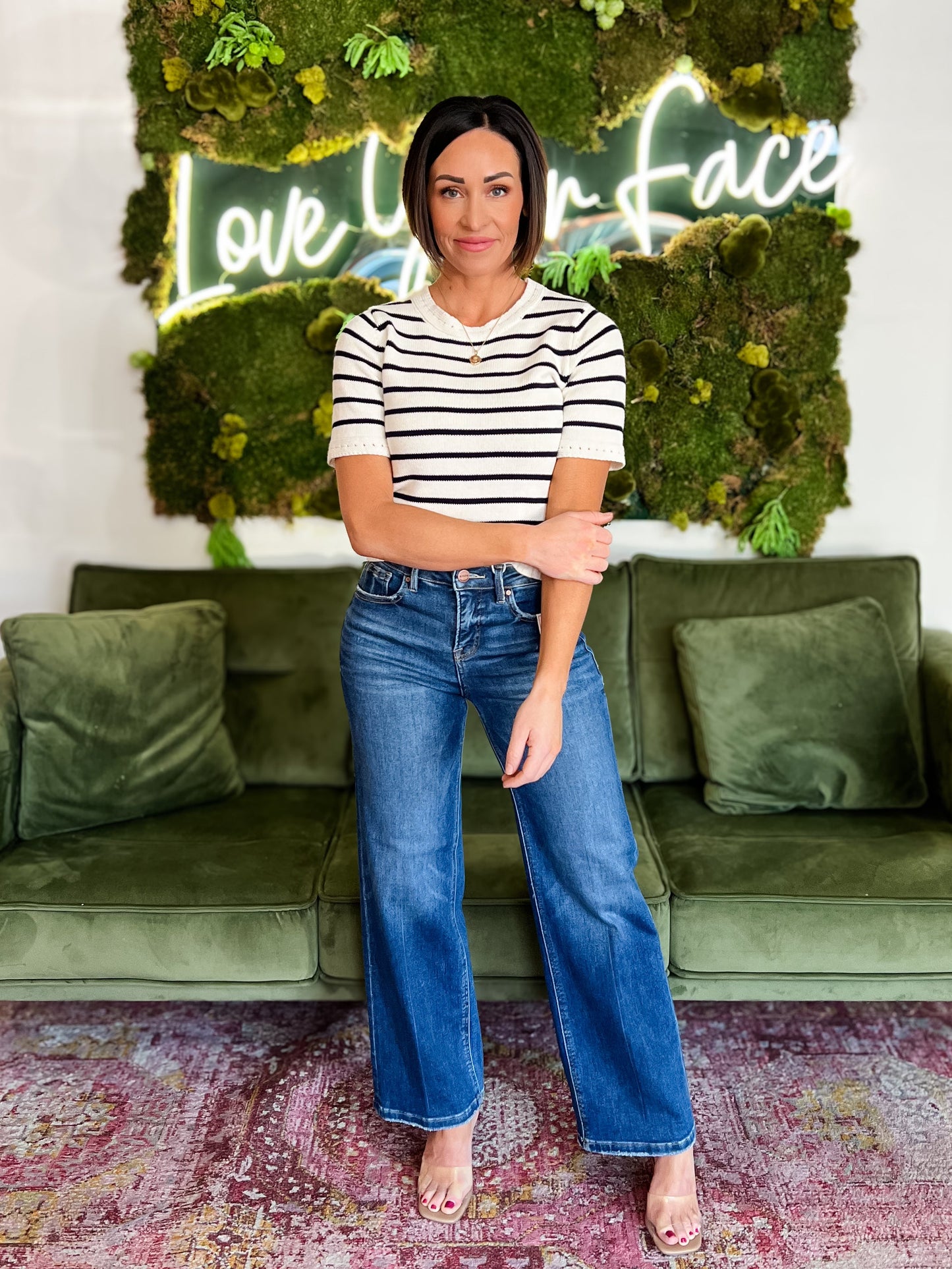 White/ Navy Striped Short Sleeve Sweater