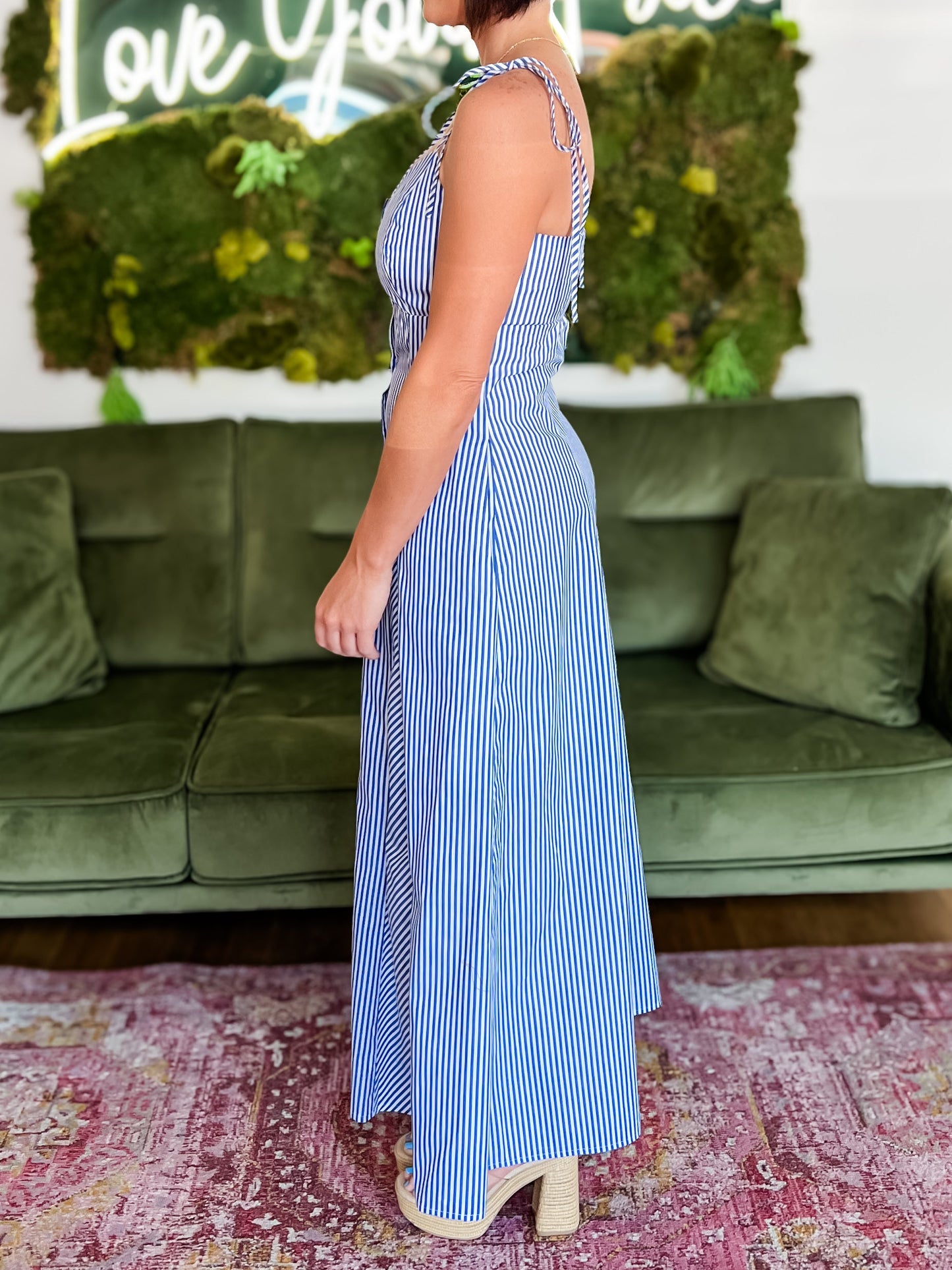 Blue Striped Tie Shoulder Button Down Maxi