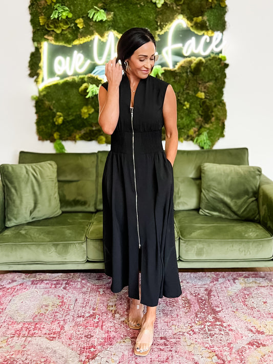 Black Smocked Waist Zippered Maxi Dress