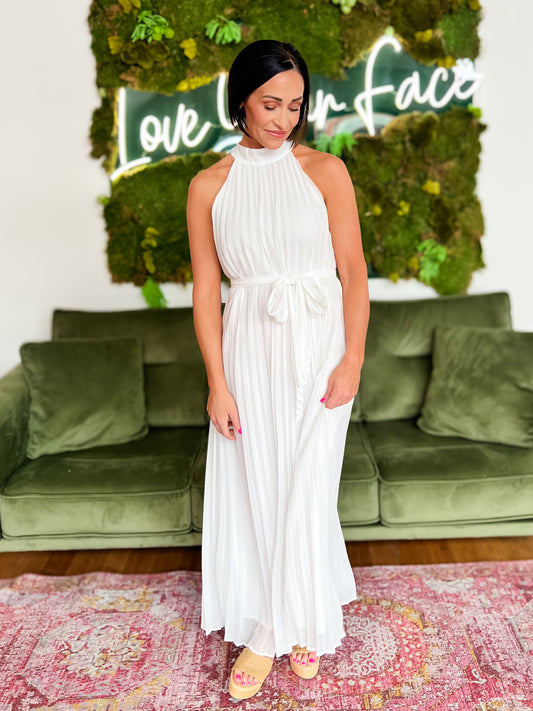 White Pleated Halter Neck Maxi Dress