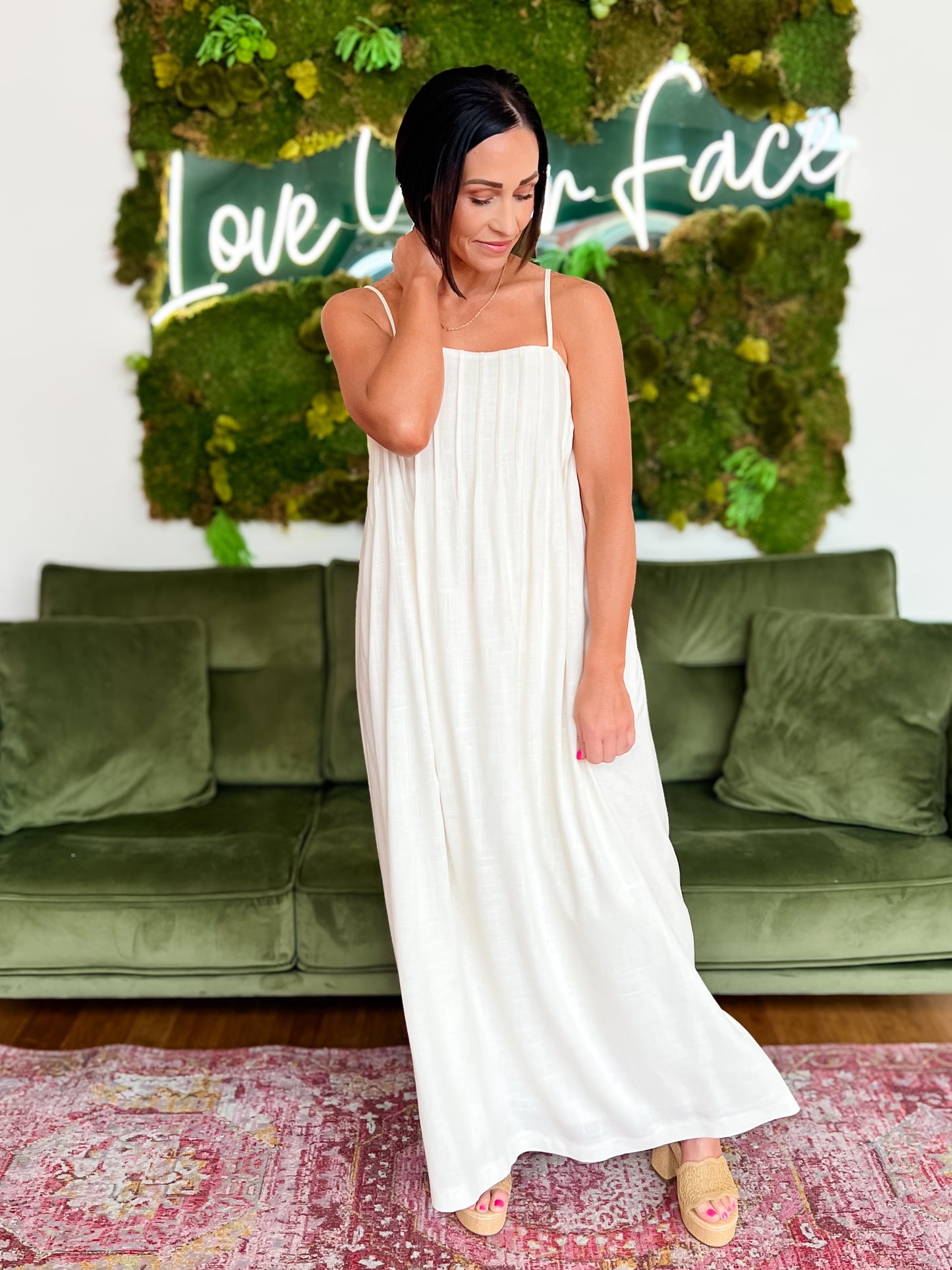 Ivory Pintuck Detailed Linen Blend Maxi Dress