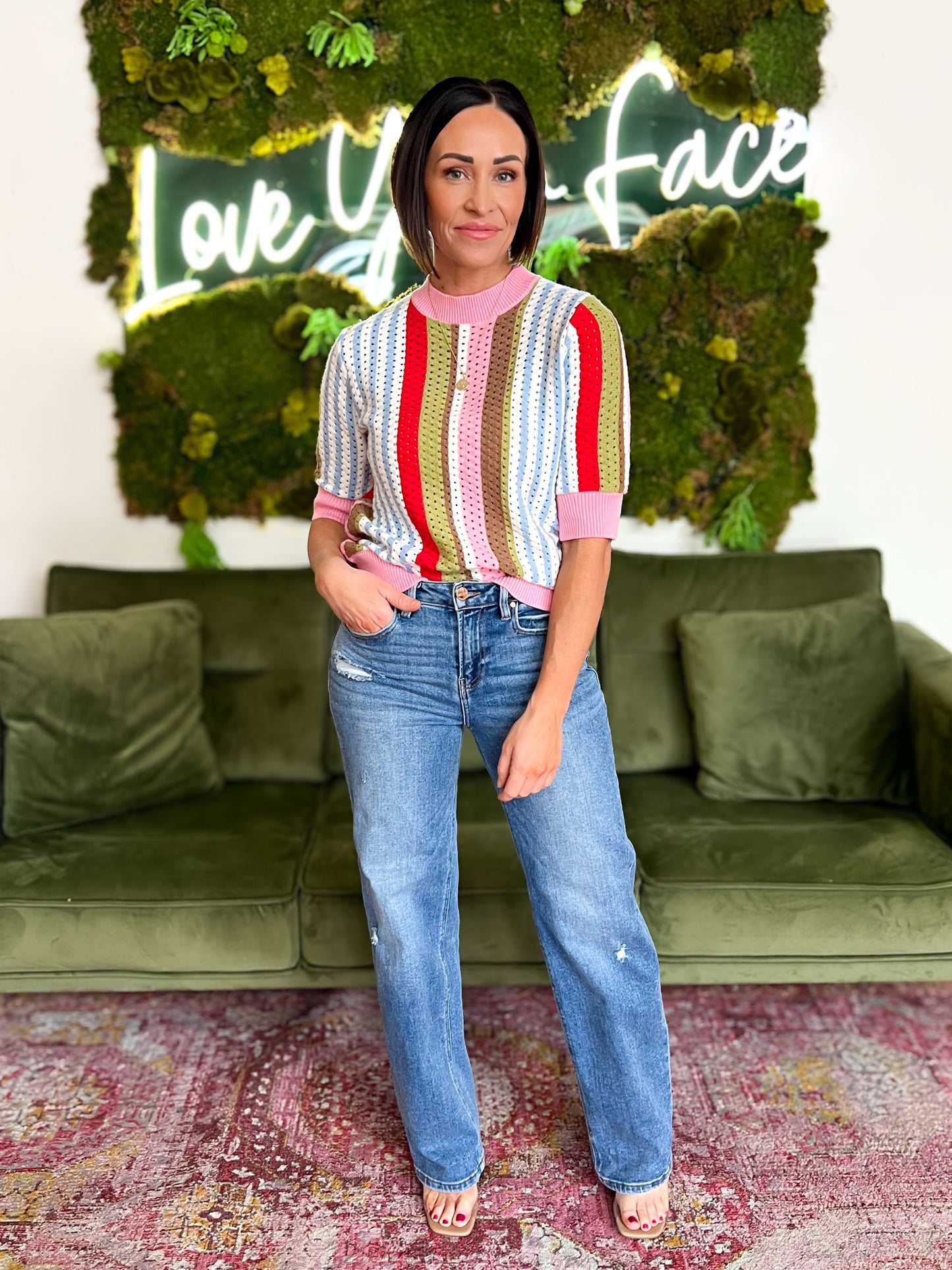 Multi Striped Pontelle Knit Short Sleeve Sweater