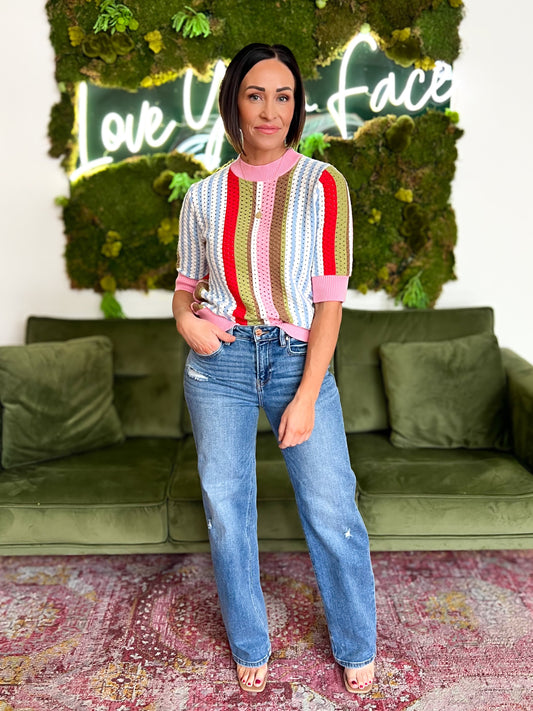 Multi Striped Pontelle Knit Short Sleeve Sweater