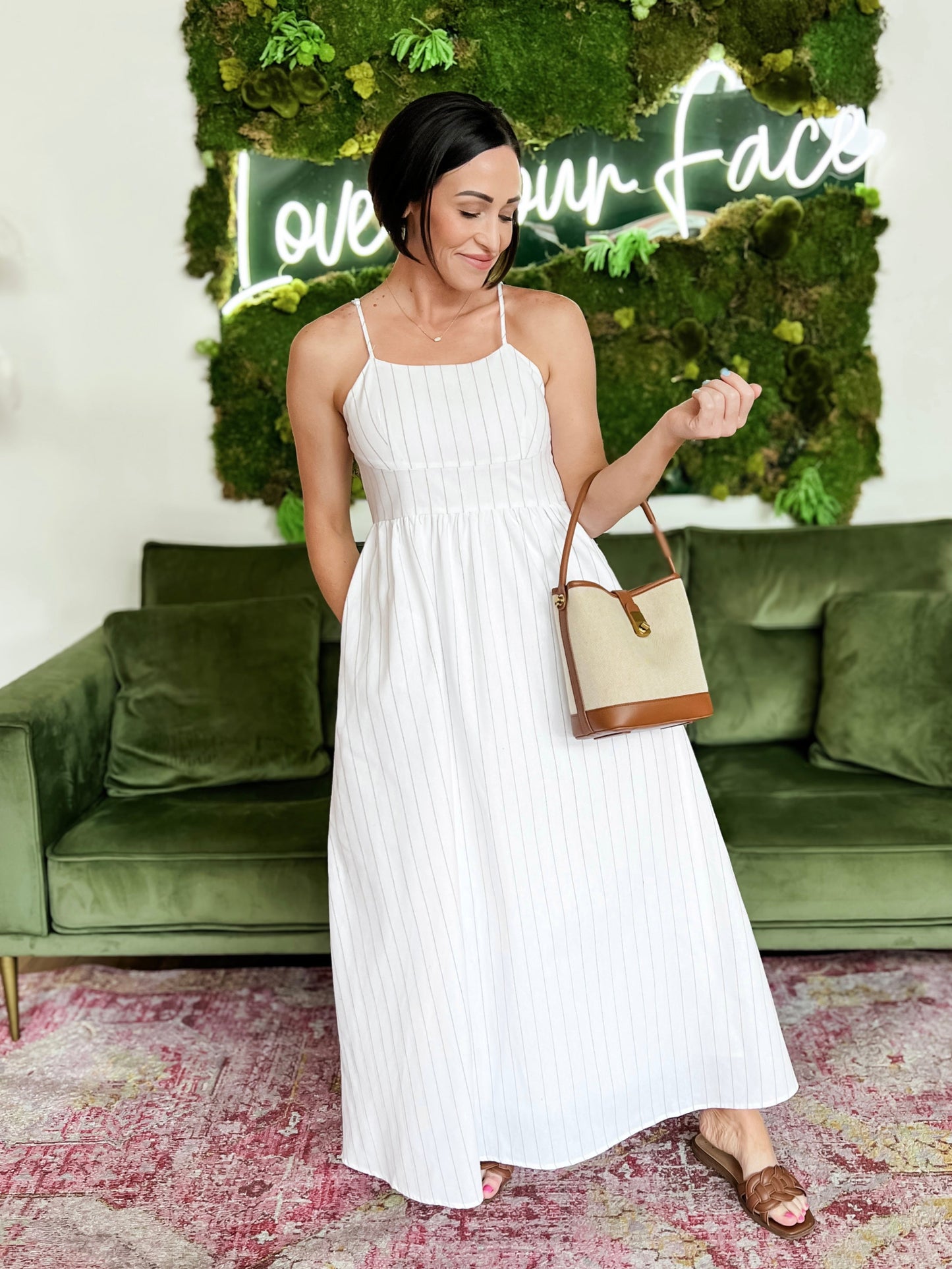 White/ Beige Striped Spaghetti Strap Maxi Dress