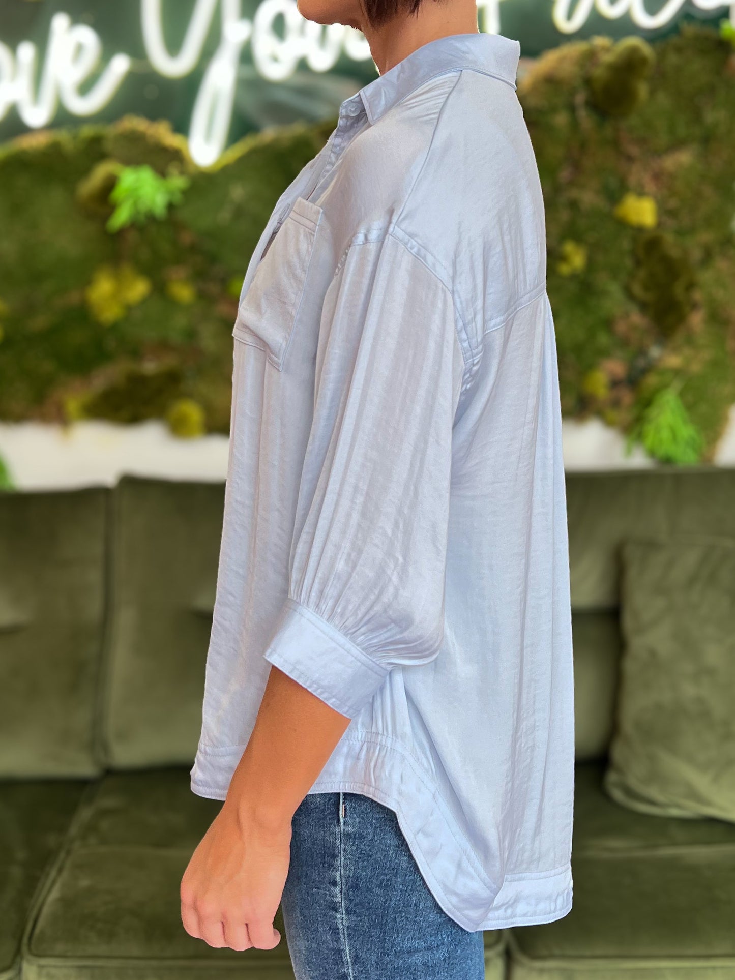 Blue Oversized 3/4 Sleeve Button Down Shirt
