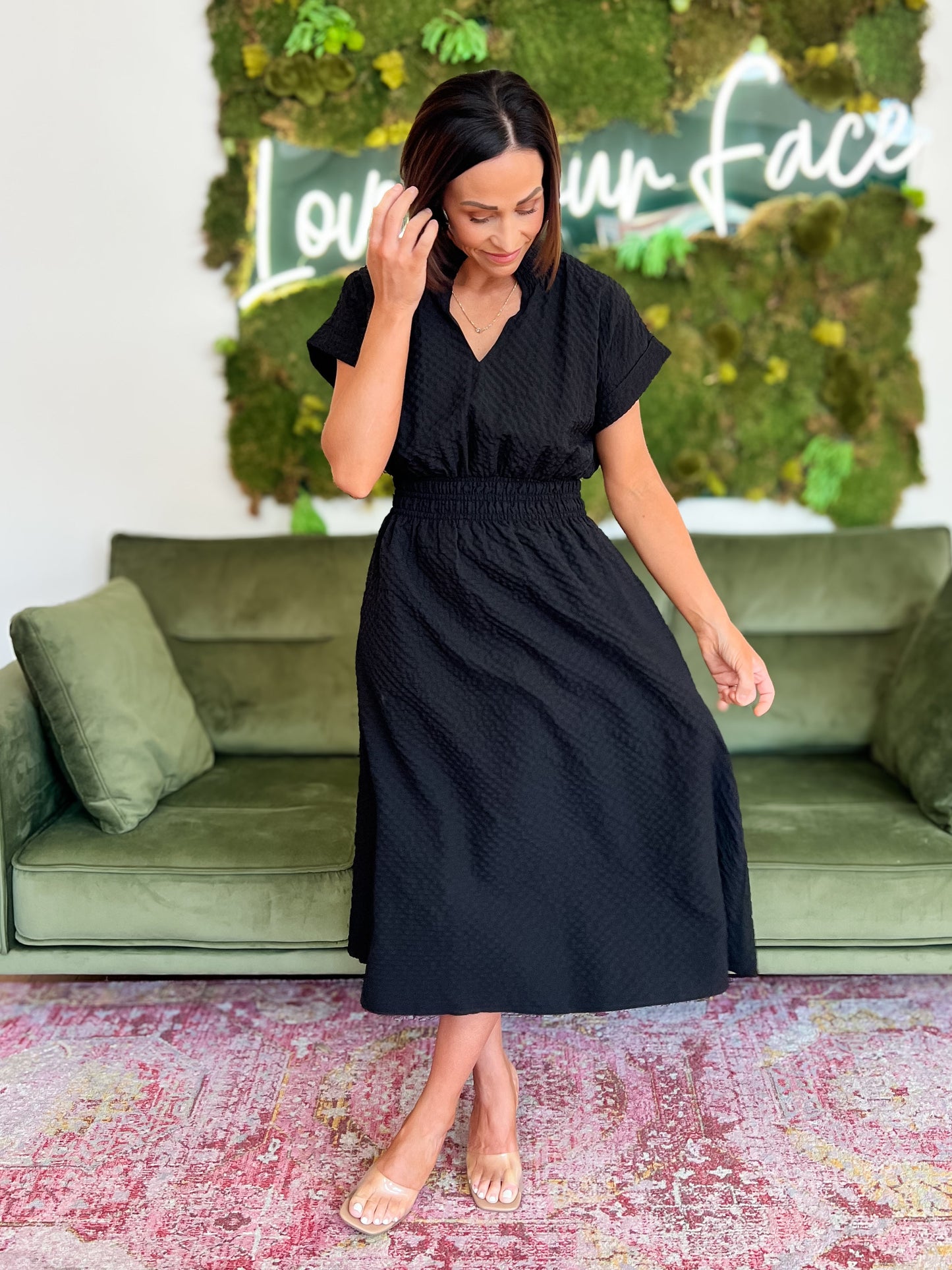 Black Textured Split Neck Midi Dress