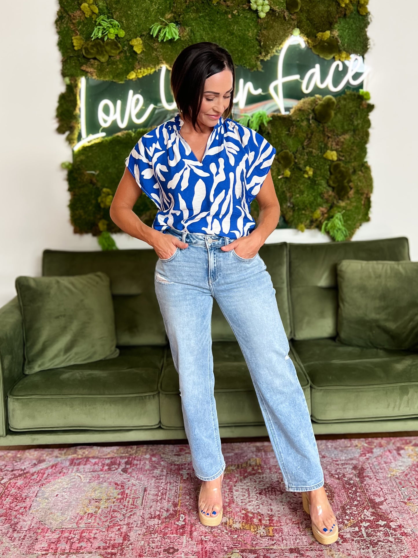 Blue Abstract Leaf Print Ruffle Neck Top