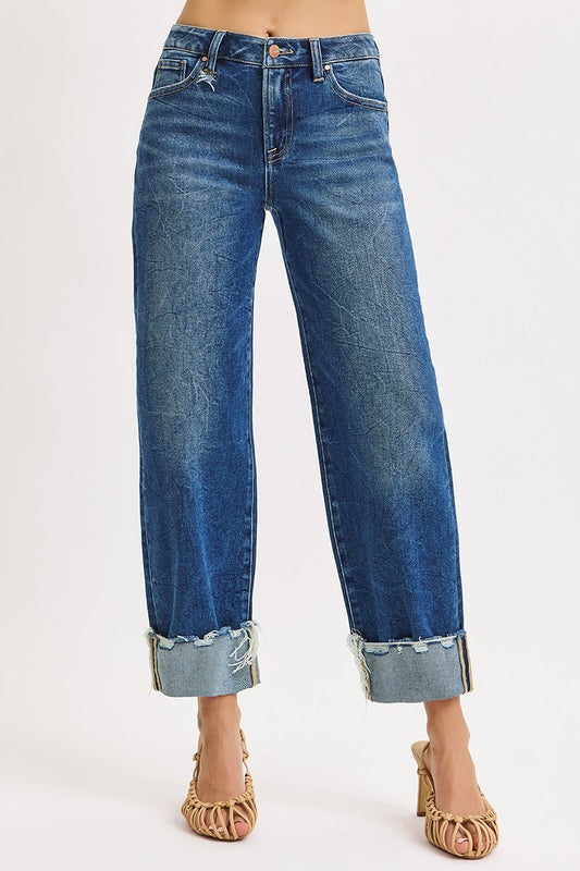 Medium Wash High Rise Crop Boyfriend Cuffed Jeans