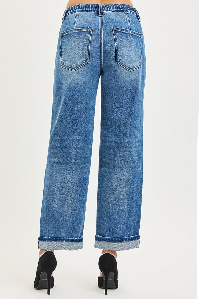 Elastic Band Medium Wash Boyfriend Jeans With Cuffed Hem