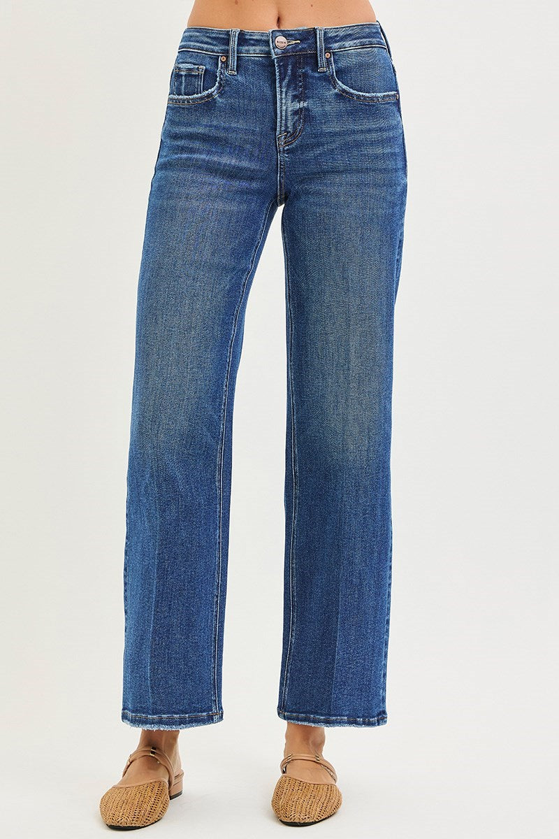 Dark Wash High Rise Ankle Crease Line Detail Jeans