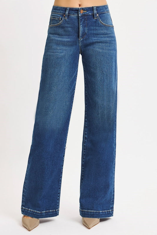 Dark Wash Mid Rise Wide Leg Jeans