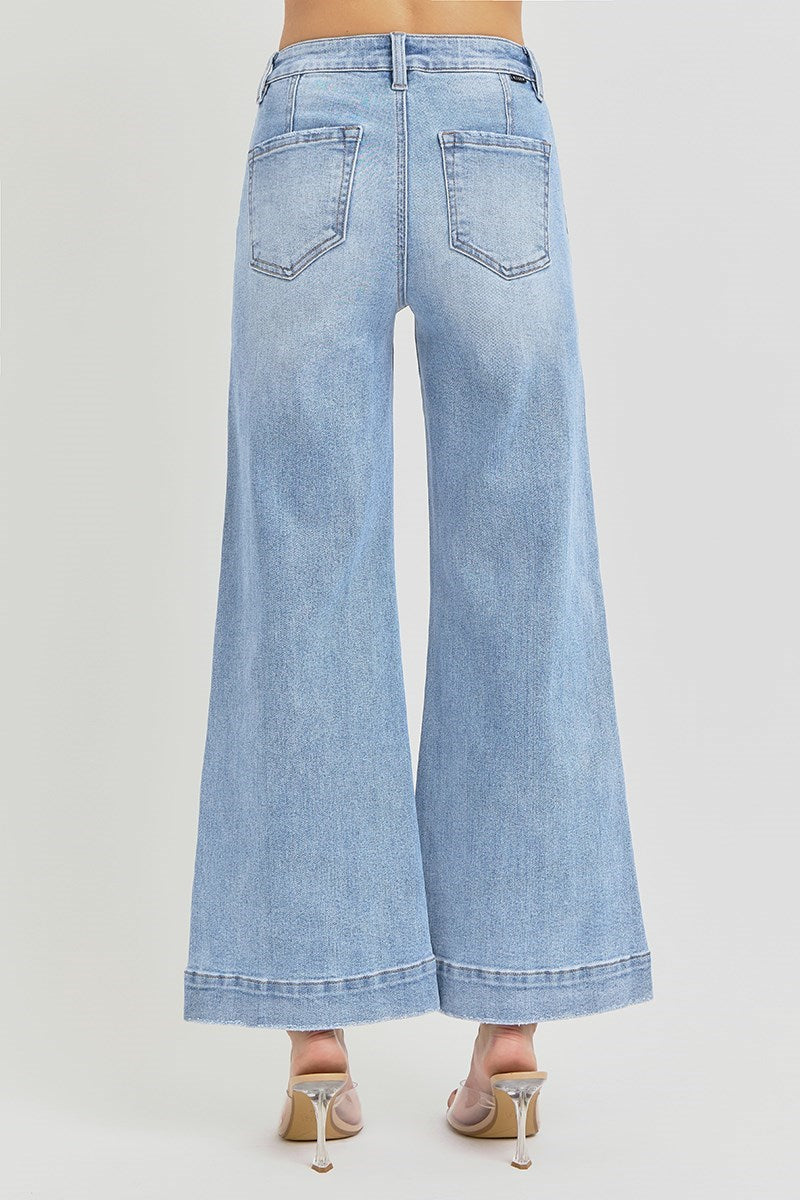 High Rise Ankle Wide Leg Patch Front Pocket Jeans