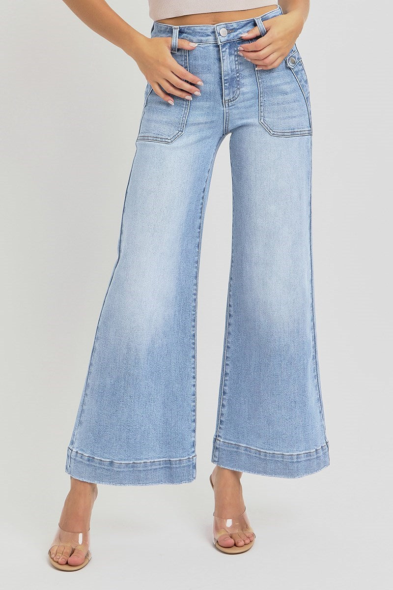 High Rise Ankle Wide Leg Patch Front Pocket Jeans