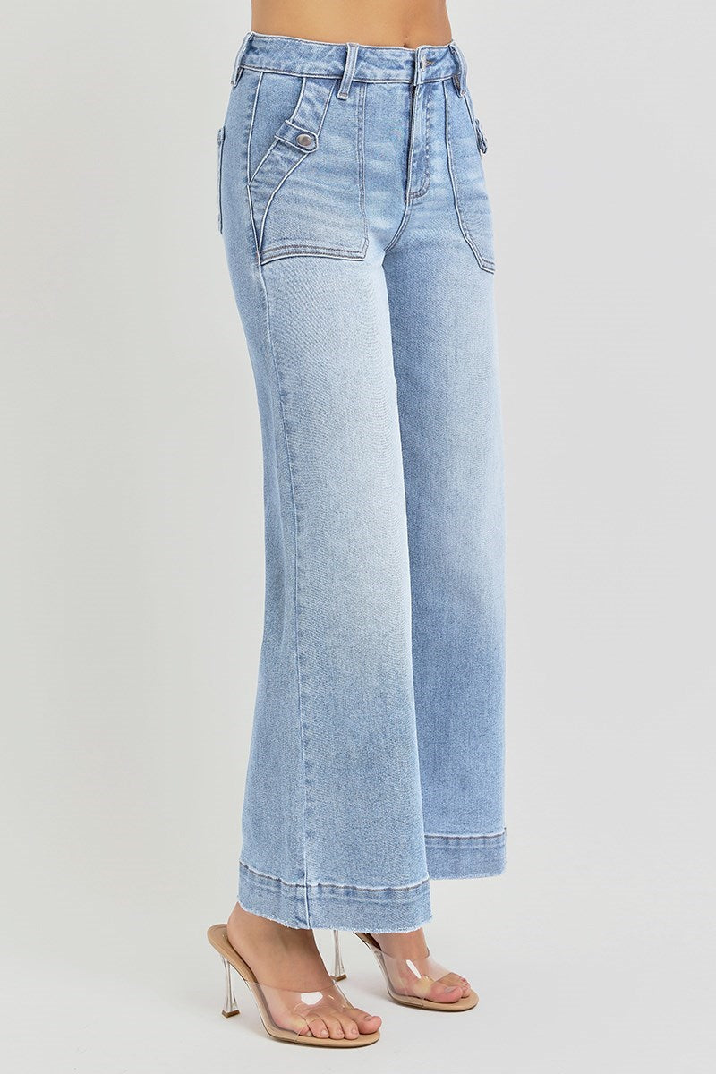High Rise Ankle Wide Leg Patch Front Pocket Jeans