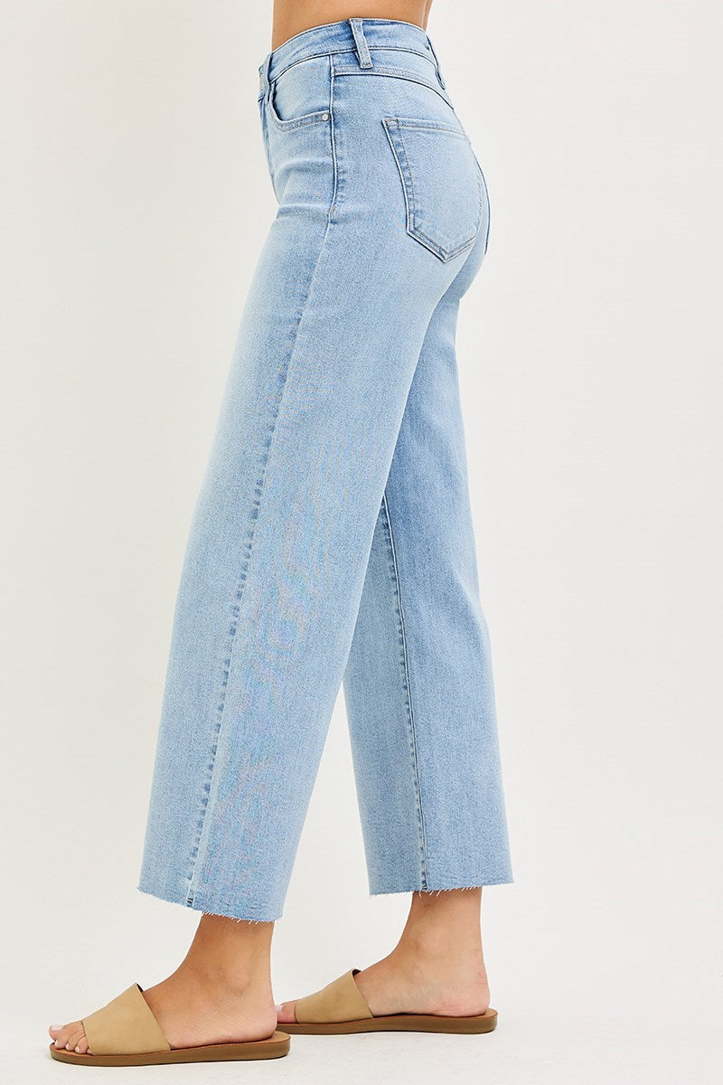Light Wash Tummy Control High Rise Crop Wide Leg Jeans