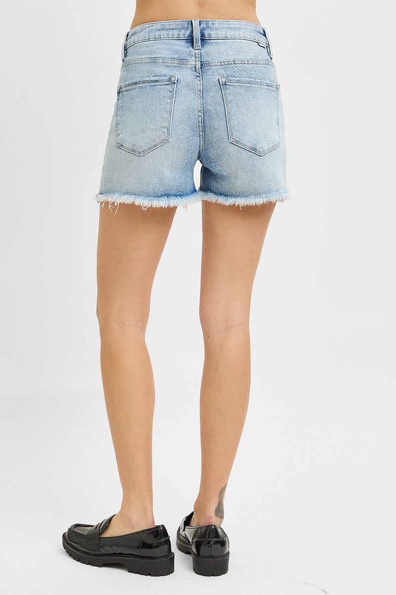 Light Wash High Rise Fray Hem Shorts