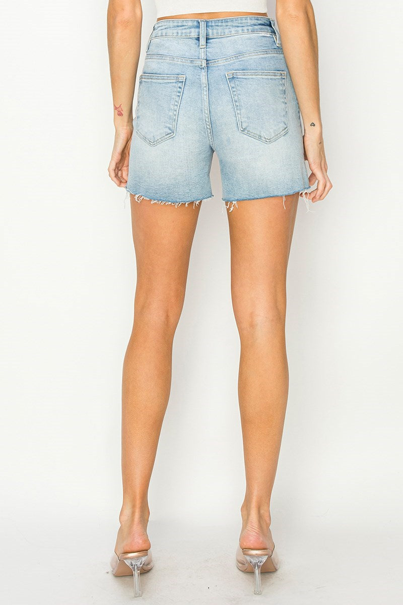 Light Wash High Rise Raw Cut Hem Shorts